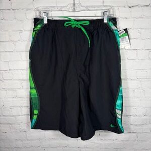 NEW Nike Swim Trunks Black And Green Lined, Pockets Size Large
